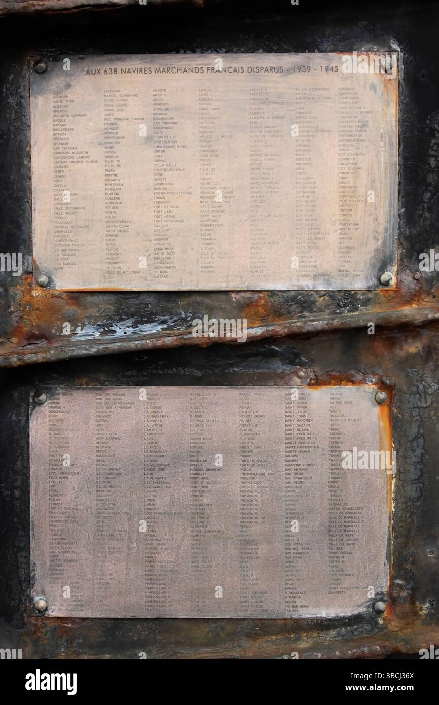Plaque commemorating French merchant ships lost during WW2 at the ...