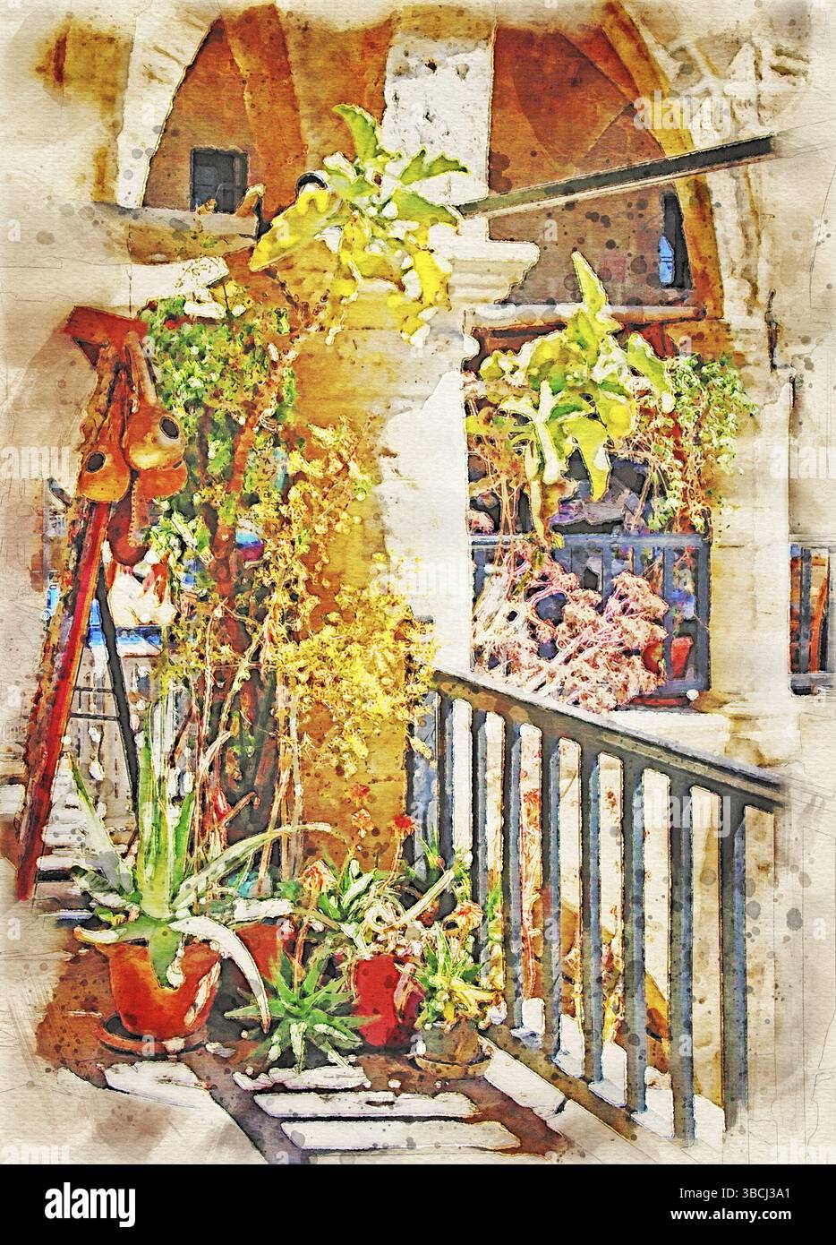 Watercolor painting of arches and balconies in the Buyuk Han in nicosia ...