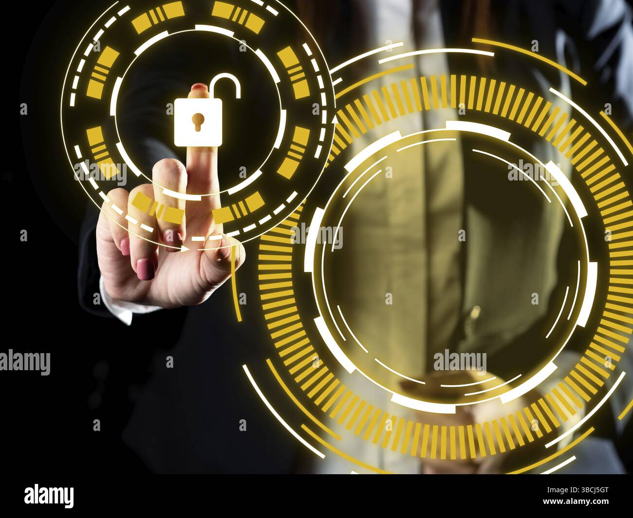 Lady in office suit standing and pressing virtual button with her finger Stock Photo