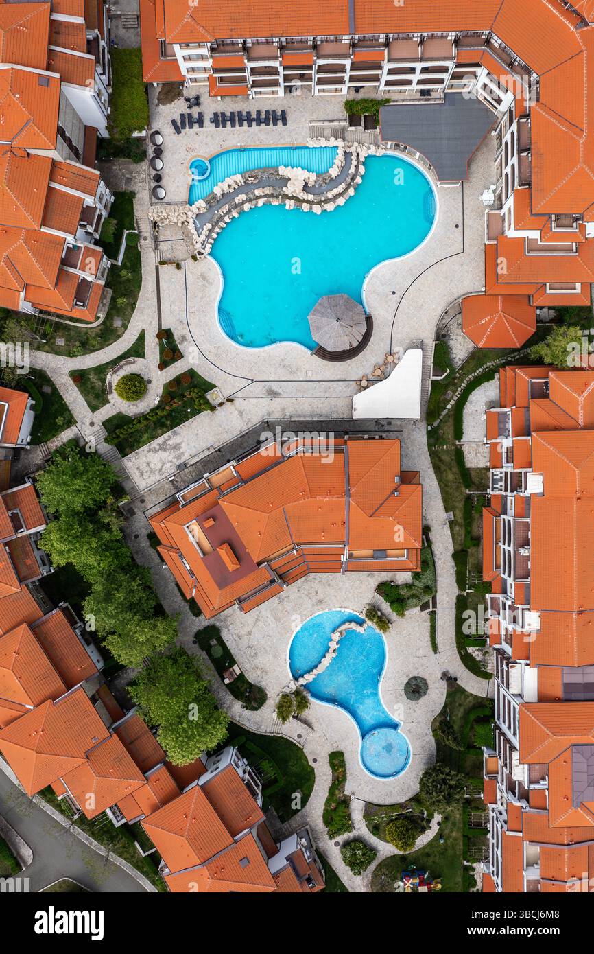 Aerial top down view to luxury five star hotel complex Stock Photo