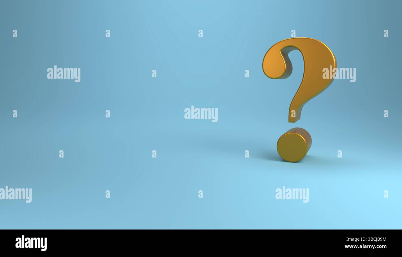Fine 3d concept with a golden question mark icon in a blue room with ...