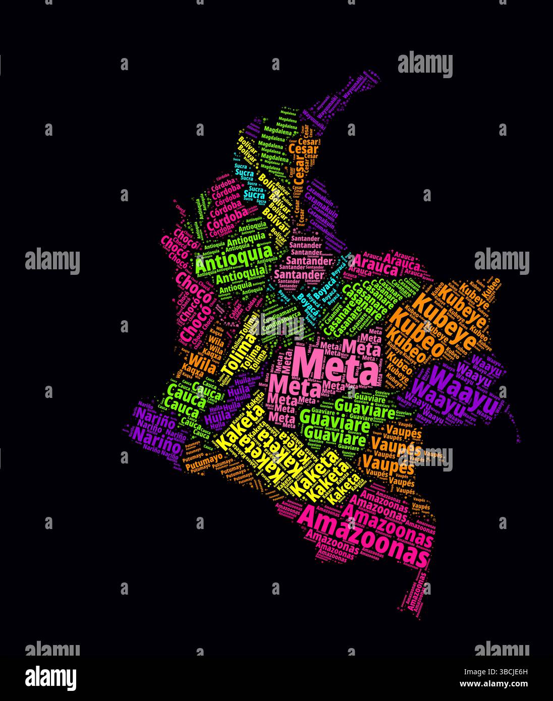 Colombia Regions Word Clouds. Bright neon style design on dark background. Region names of the country in Spanish language. Stock Vector