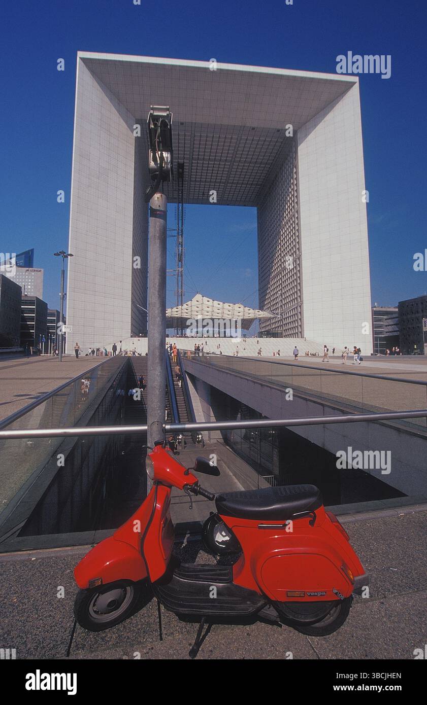 Motorscooter at Grand Arche by Otto v. Spreckelsen, La Defense, Paris, France, Motorscooter at Grand Arche by Otto v. Spreckelsen, portrait, vertical Stock Photo