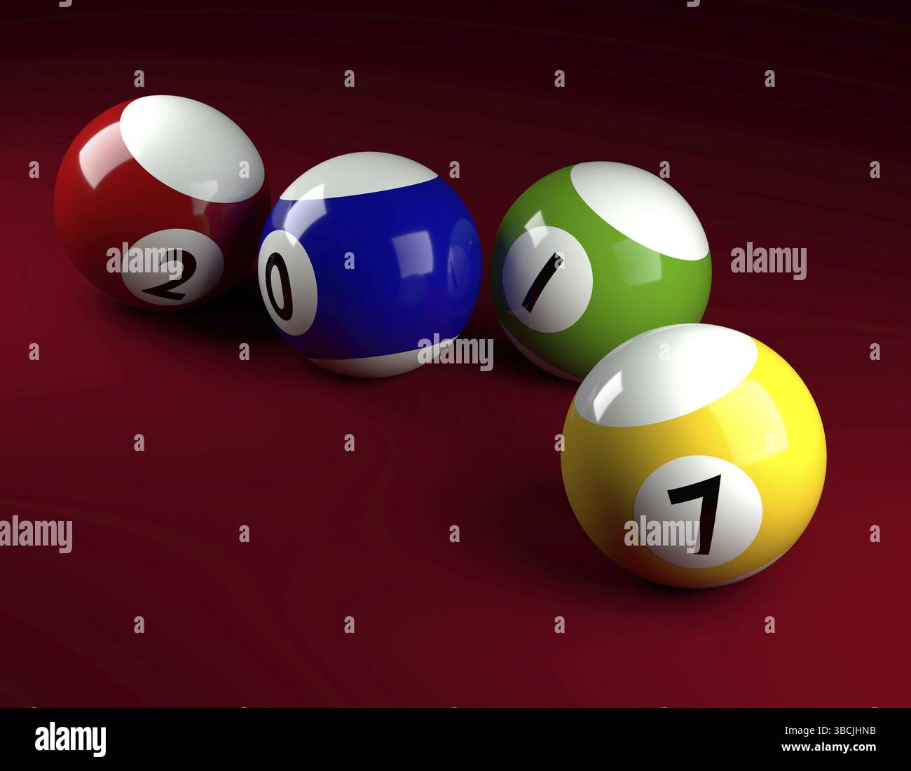 Pool balls on green with 2017, New Year concept 3d rendering Stock Photo