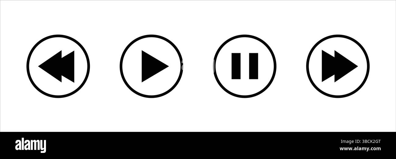 Illustration of media player icons. Round buttons for rewind, play, pause, and fast forward. Vector image, suitable for websites and interfaces. Stock Vector