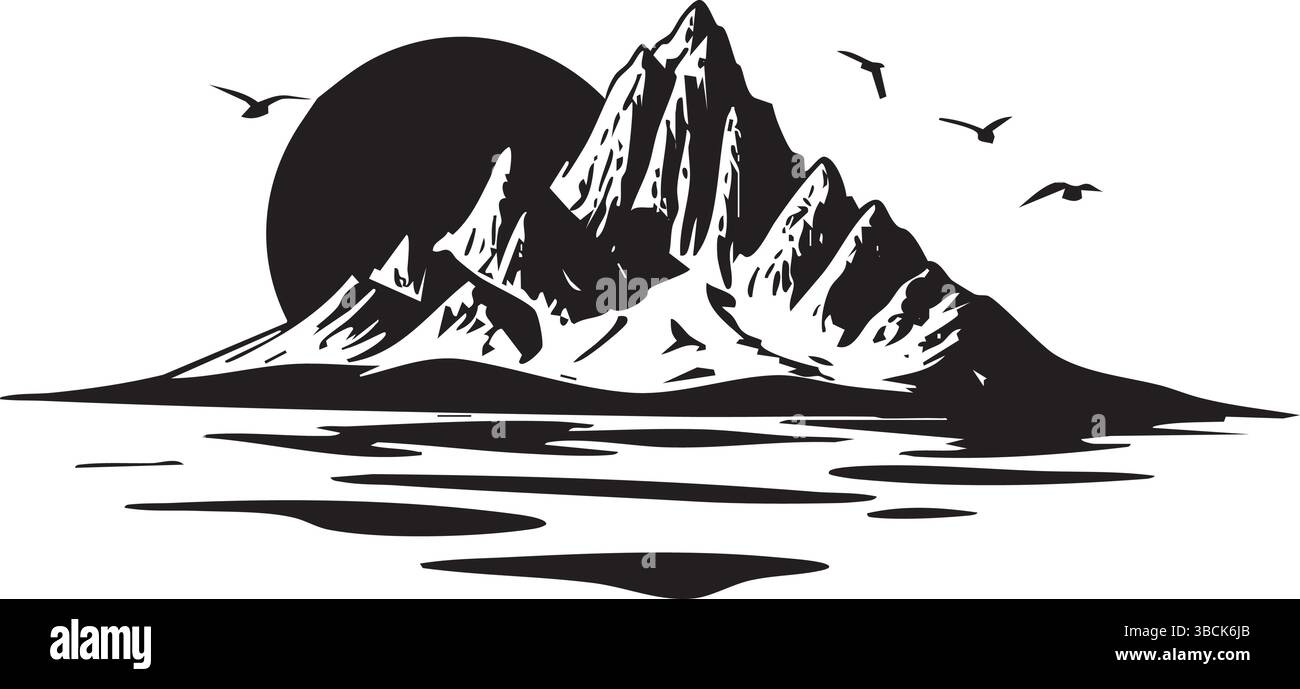 A striking black and white vector illustration of a majestic mountain ...