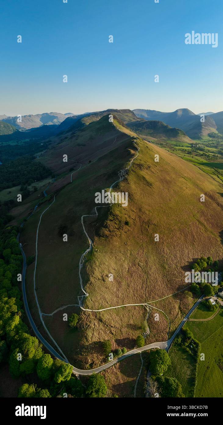 Aerial vertical landscape of the walking path along the top of Catbells ...