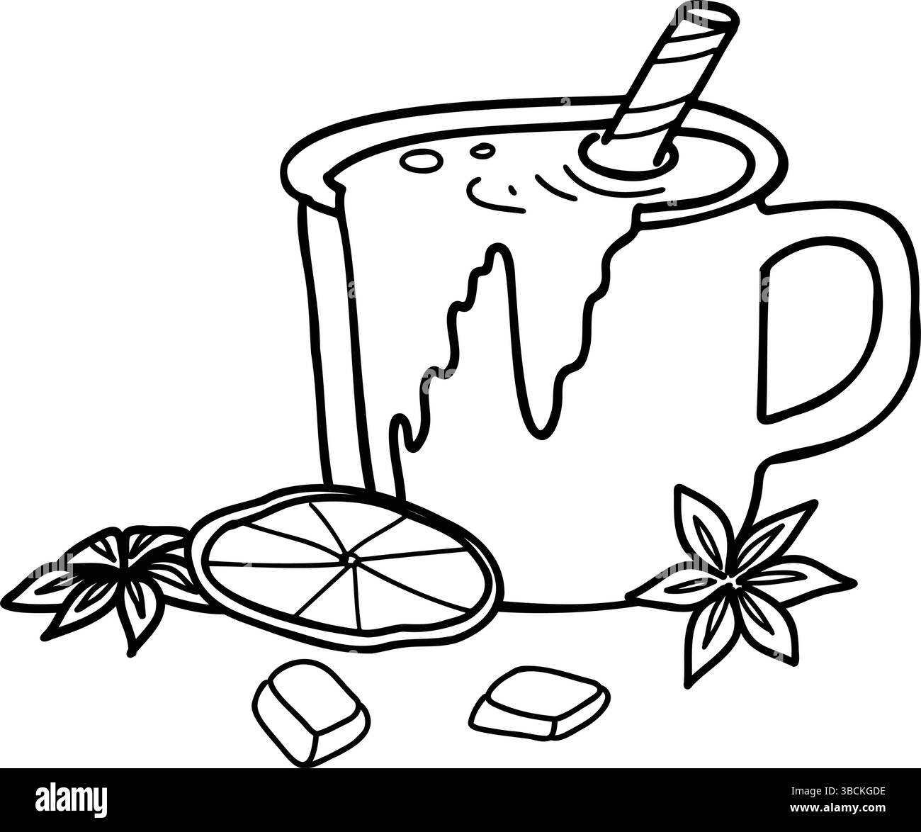 Mug of hot Chocolate with chocolate bars and dried Orange Slice, Anise stars Composition isolated on a background. Vector Hand drawn illustration in Stock Vector