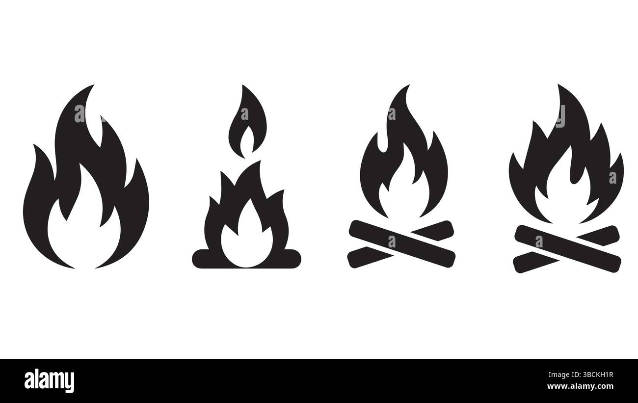 Campfire Flame Icons Set – Black Fire Symbol Silhouettes with Logs for ...