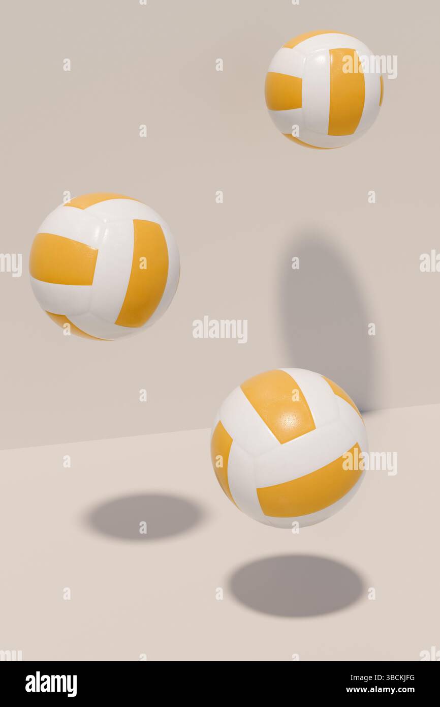 Three volleyballs are bouncing in midair, showcasing a fun sports vibe. 3d rendering Stock Photo