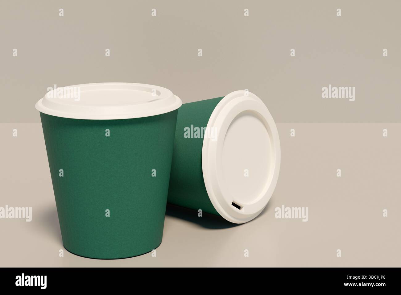 Two green paper cups sit on a table. 3d rendering Stock Photo
