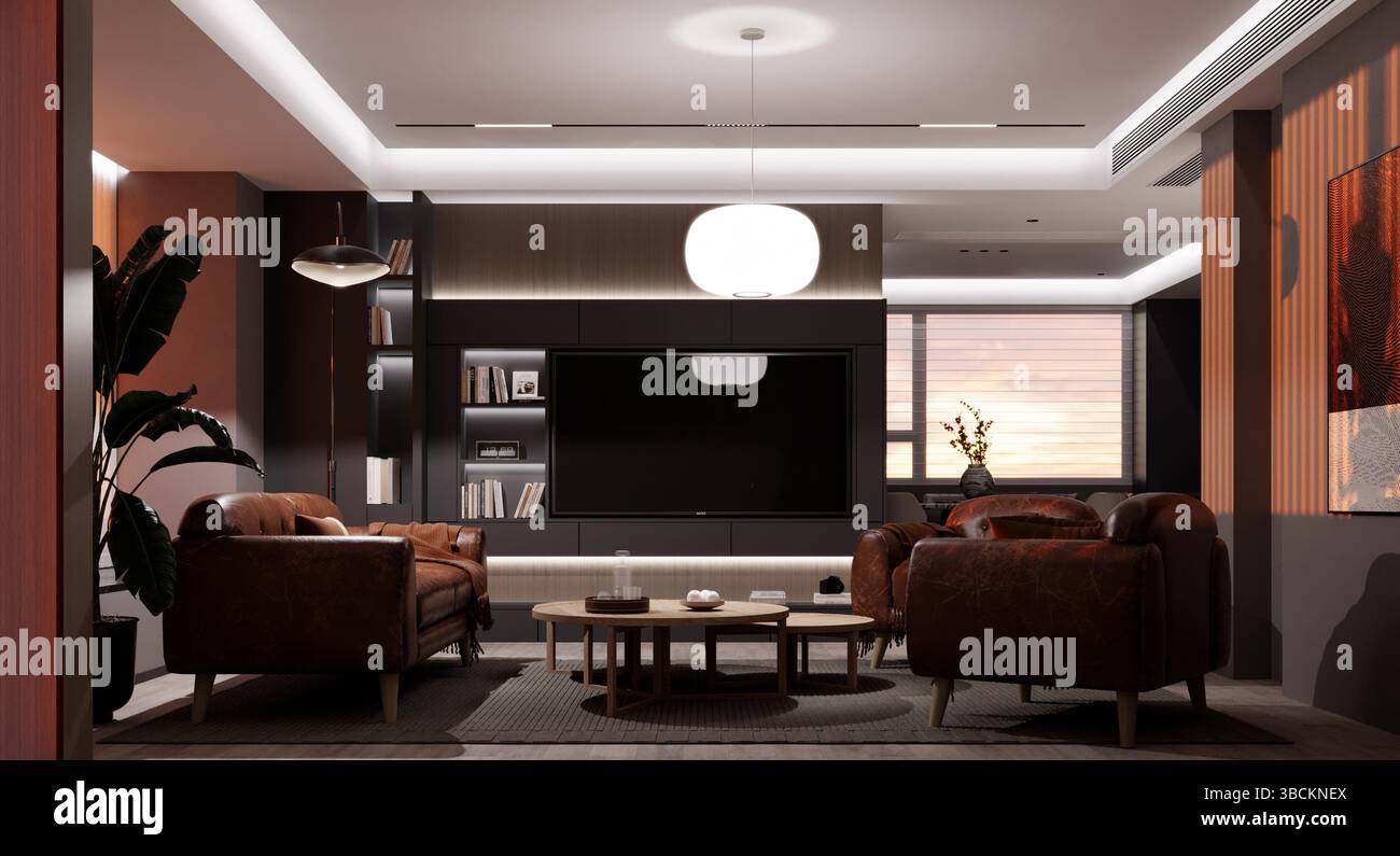 Living room bathed in crisp, cool white lighting, emphasizing its ...