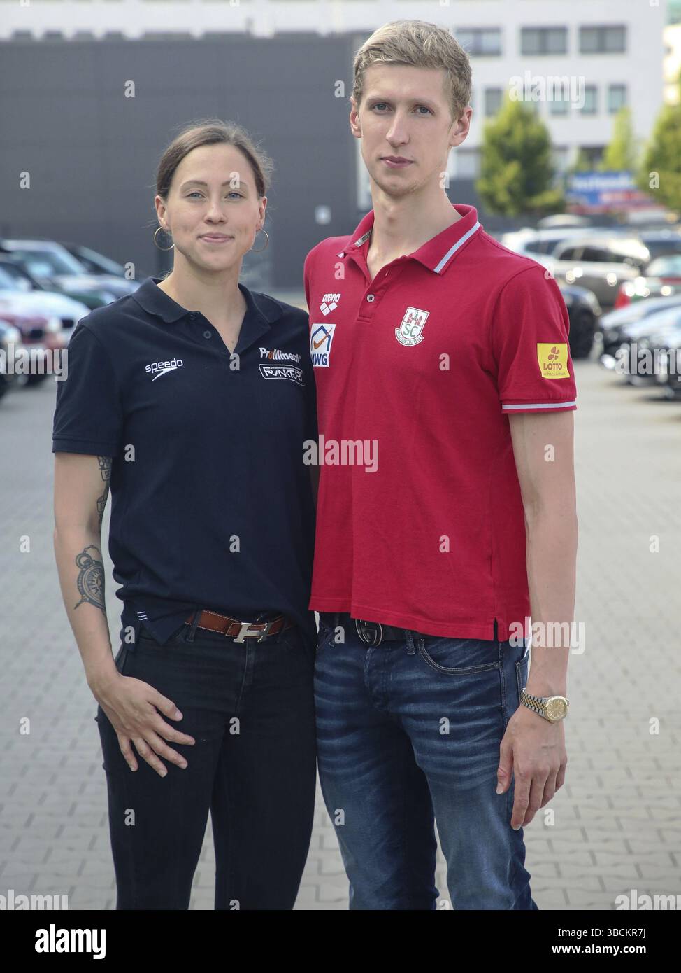 Swimmer Sarah charburner SG Frankfurt and swimmer Florian Wellbrock SC Magdeburg at the farewell for the Tokyo Olympics 2021, Swimmer Sarah charburner Stock Photo