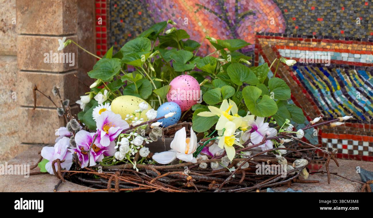 Easter decorations with colored eggs and other elements Stock Photo