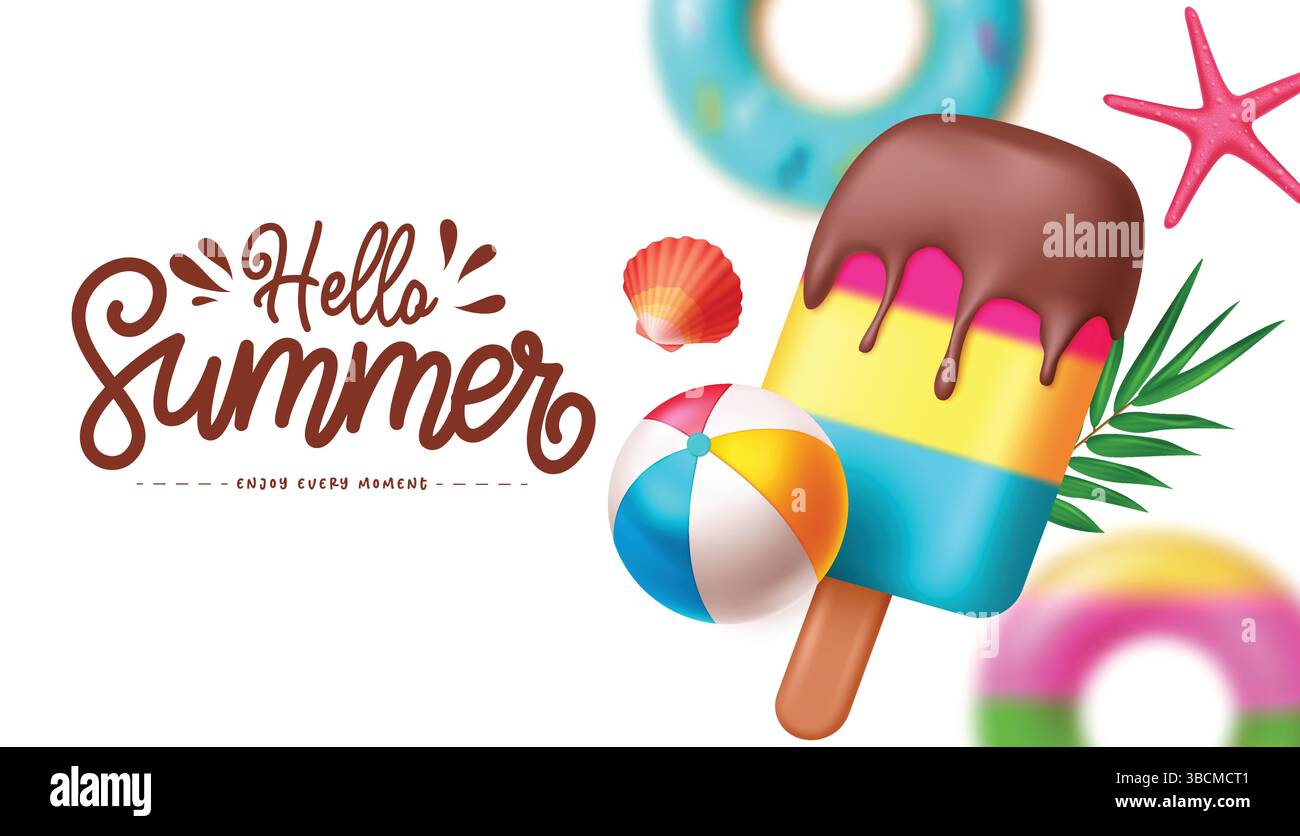 Hello summer greeting vector design. Hello summer text with summer vector elements like popsicle, floaters and sea shell. Vector illustration. Stock Vector