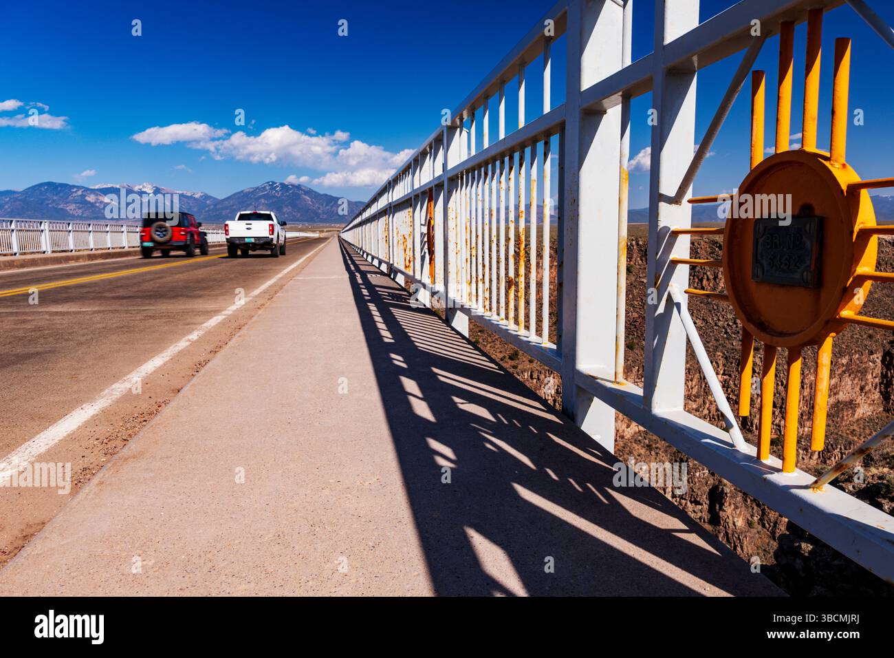 Jeep passing illegally on double yellow center line; Rio Grand Gorge Bridge; near Taos; New Mexico; USA Stock Photo