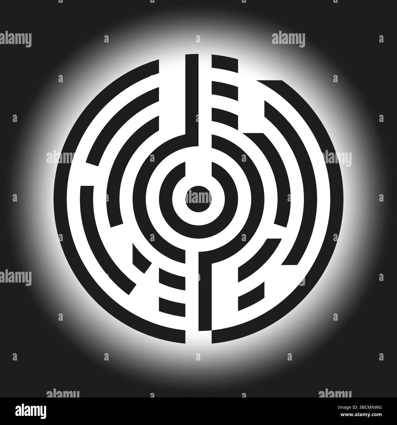 Circular maze vector. Abstract puzzle shape. Central radial entrance. Black outline symbol. Stock Vector