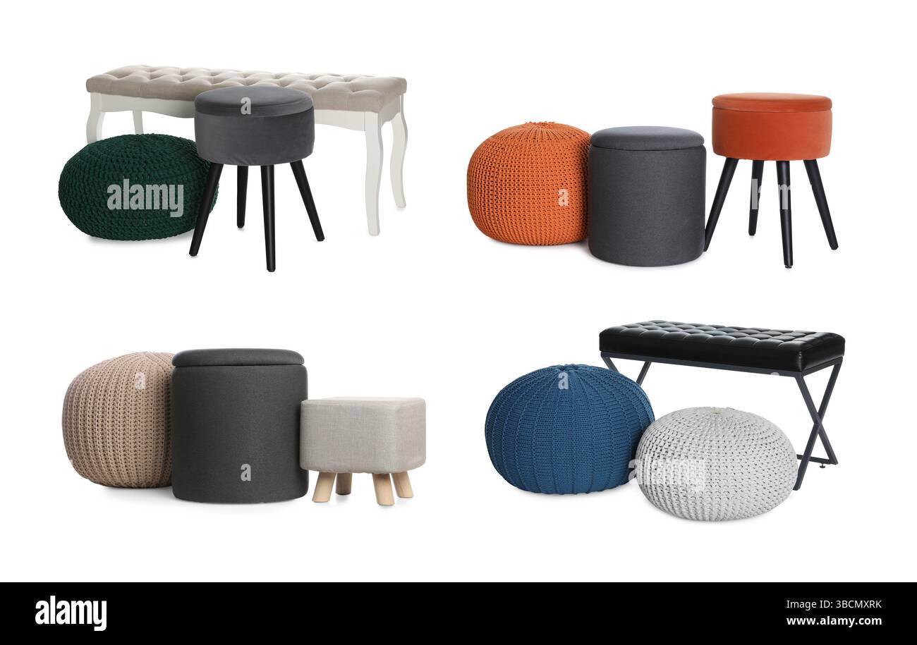 Different poufs isolated on white, collage. Interior element Stock Photo