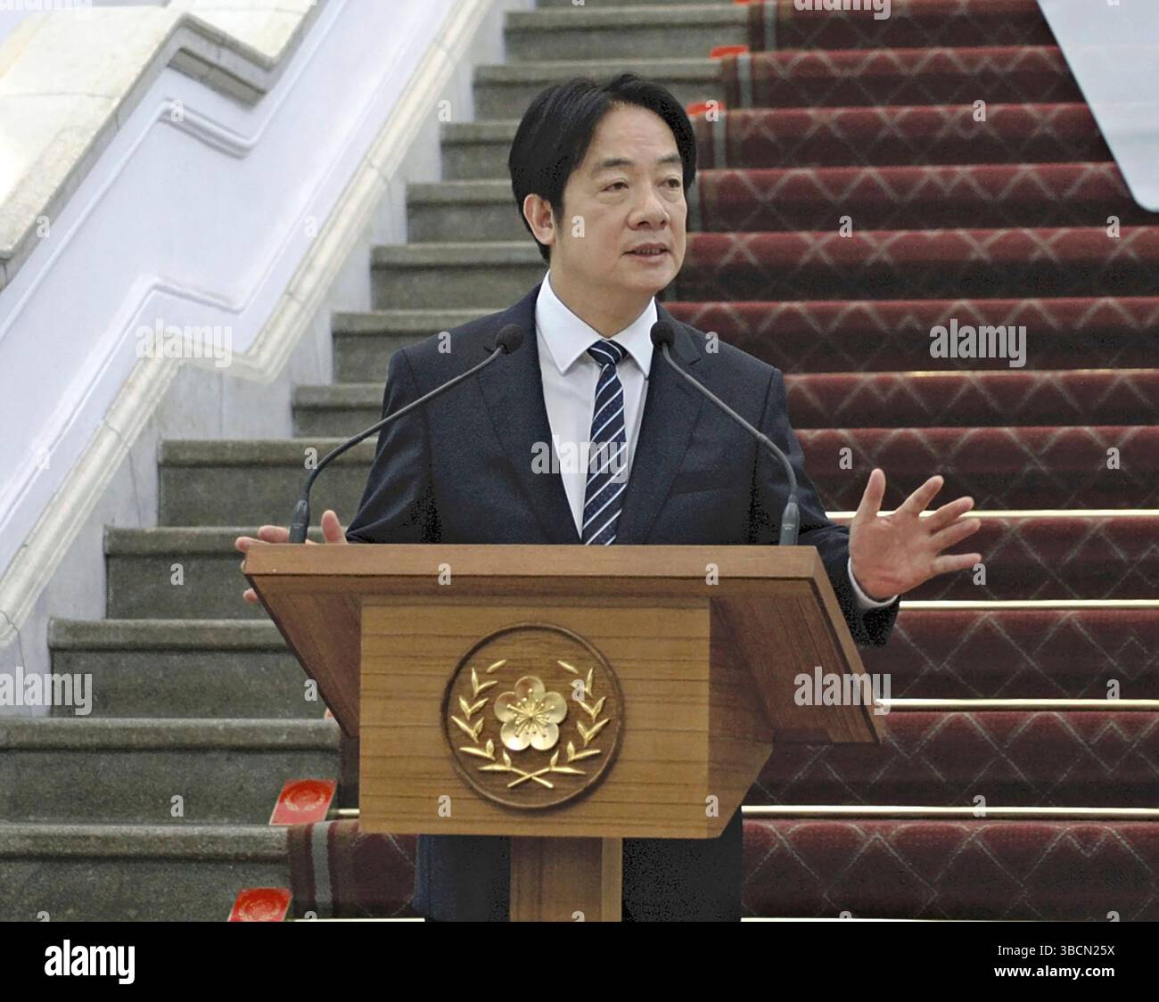 Taiwanese President Lai Ching-te, speaks to the media during a press ...