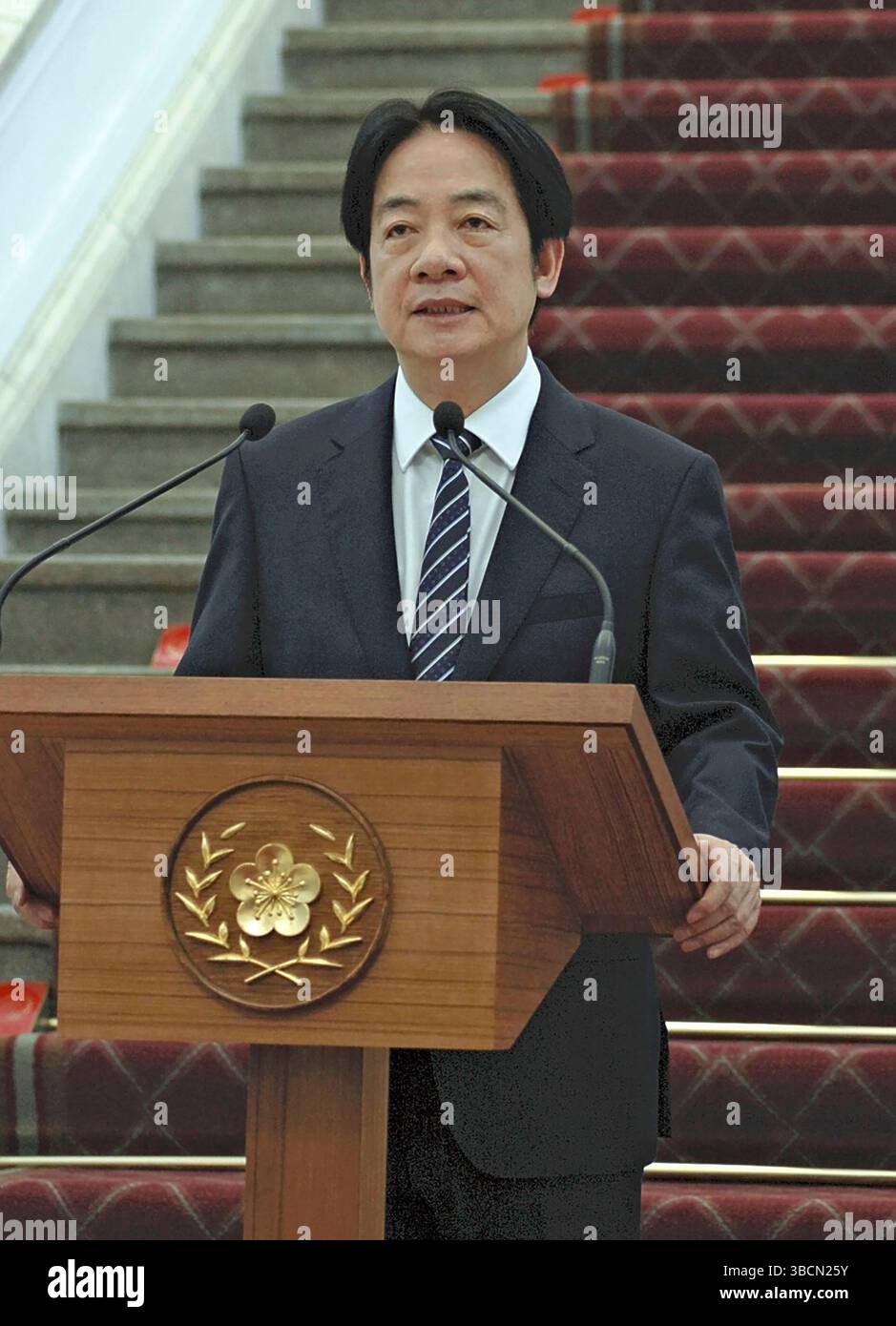 Taiwanese President Lai Ching-te, speaks to the media during a press ...