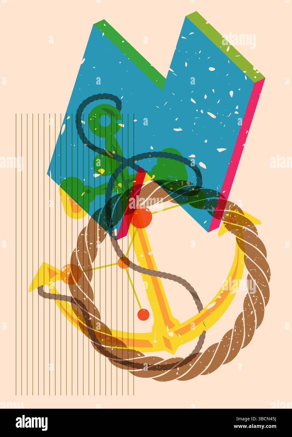 Risograph Anchor with geometric shapes. Objects in trendy riso graph ...
