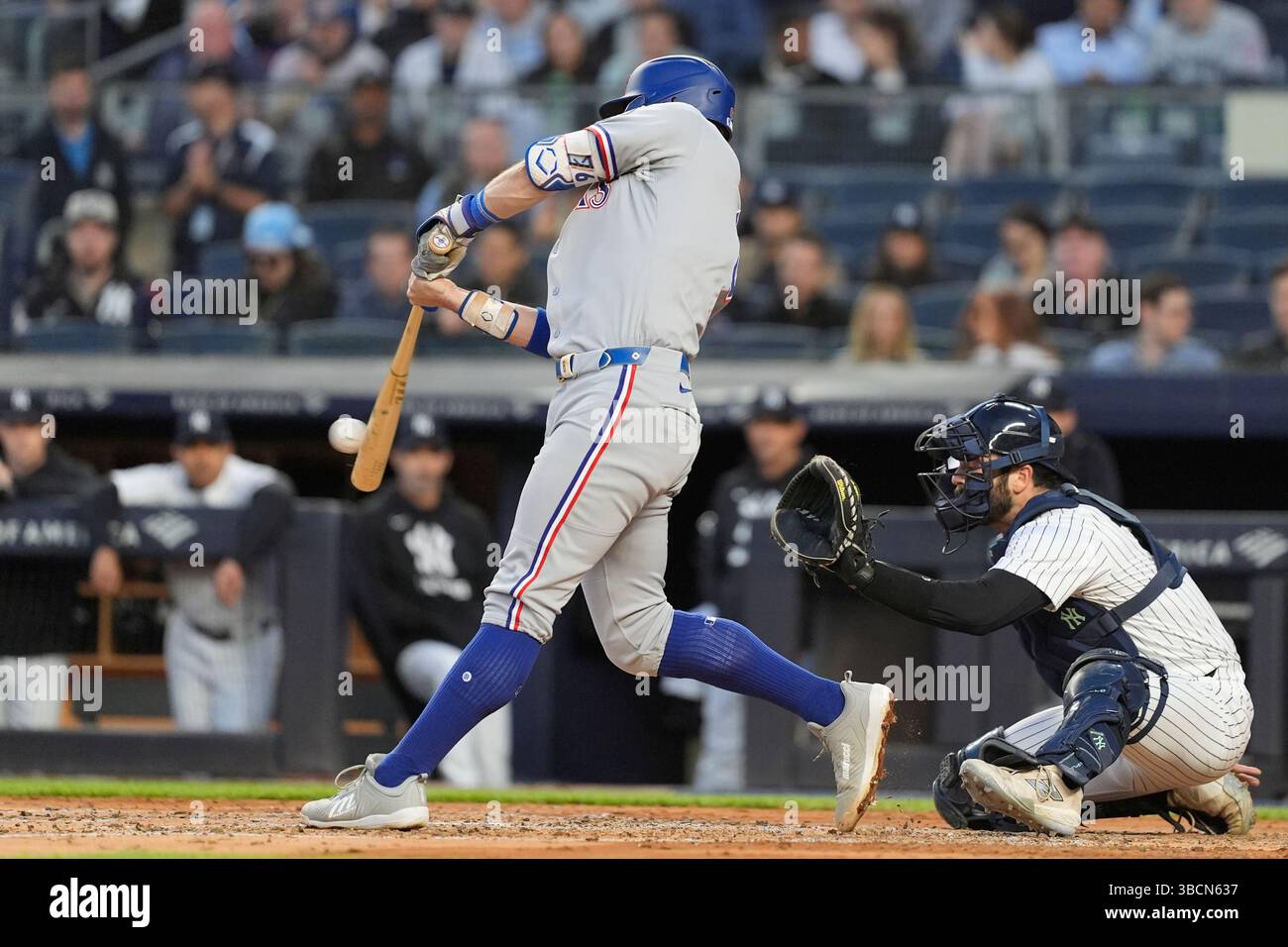 BRONX, NY - MAY 20: Texas Rangers Third Baseman Josh Jung (6) hits a ...