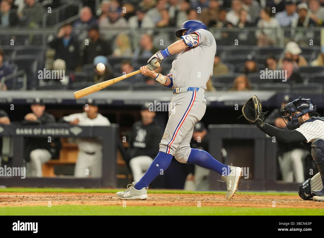 BRONX, NY - MAY 20: Texas Rangers Third Baseman Josh Jung (6) hits a ...