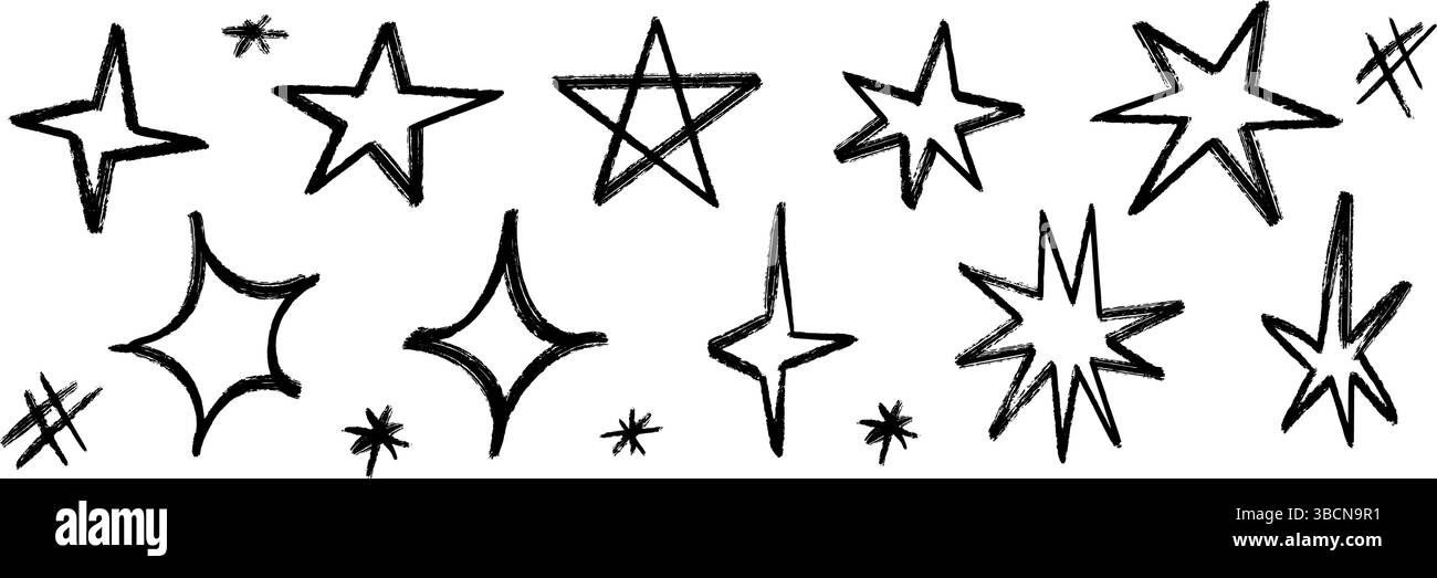 Black crayon hand drawn star set. Childish doodled sparks and sparkles ...