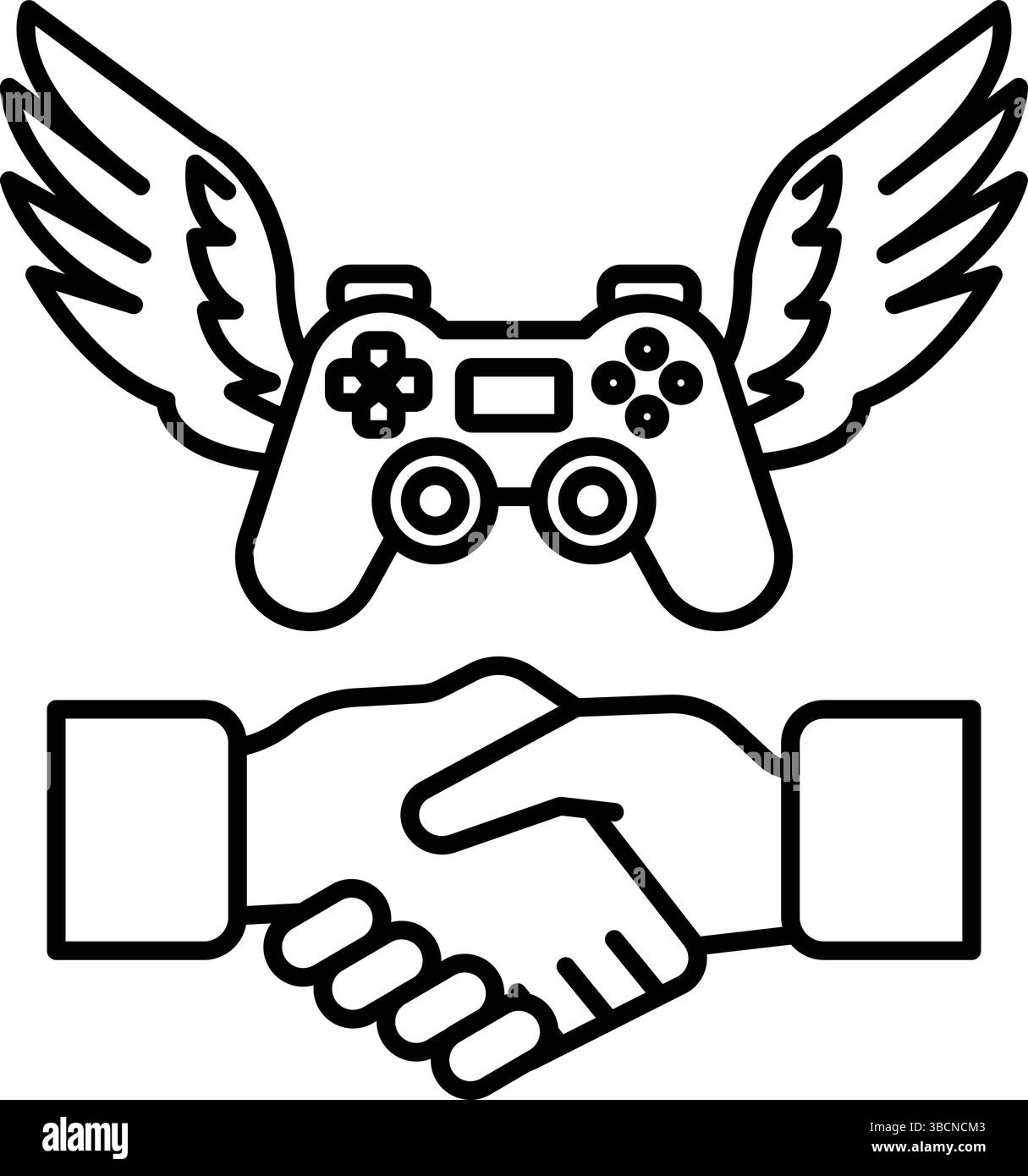 A video game controller is being offered to a person in a handshake ...