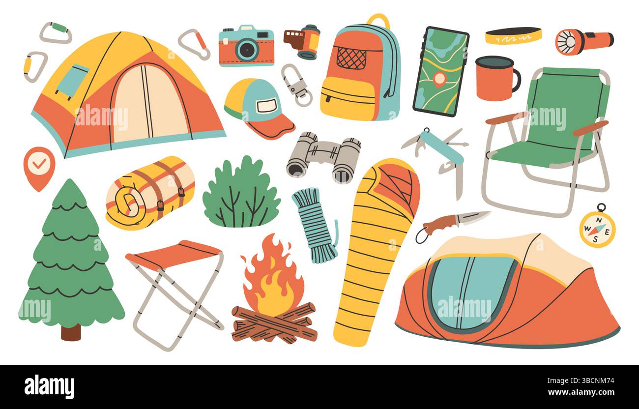 Camping and hiking simple set. Hand drawn elements outfit, tent ...