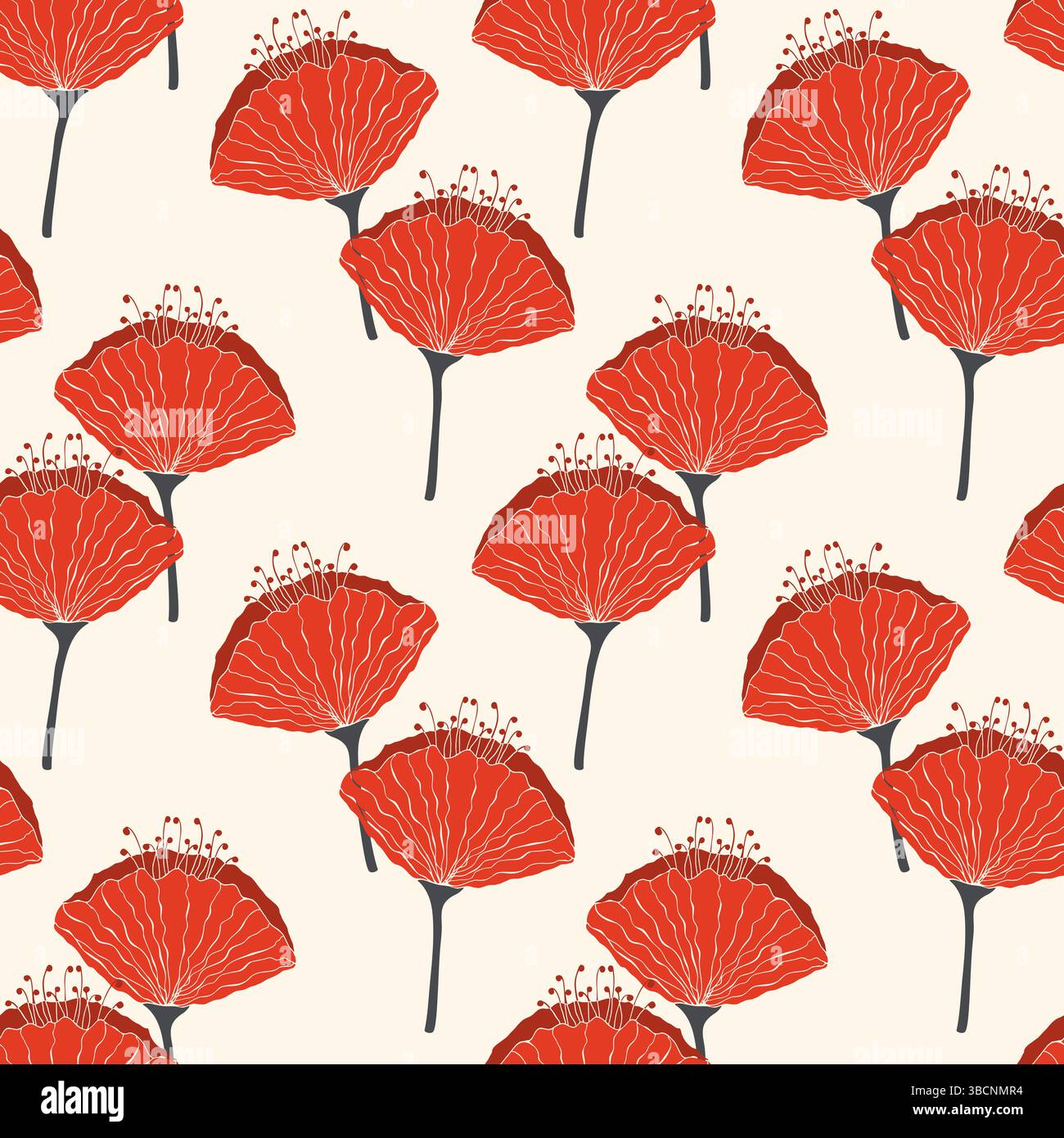 Red flowers poppy pattern, hand drawn flowers on light creme background. . Vector illustration Stock Vector