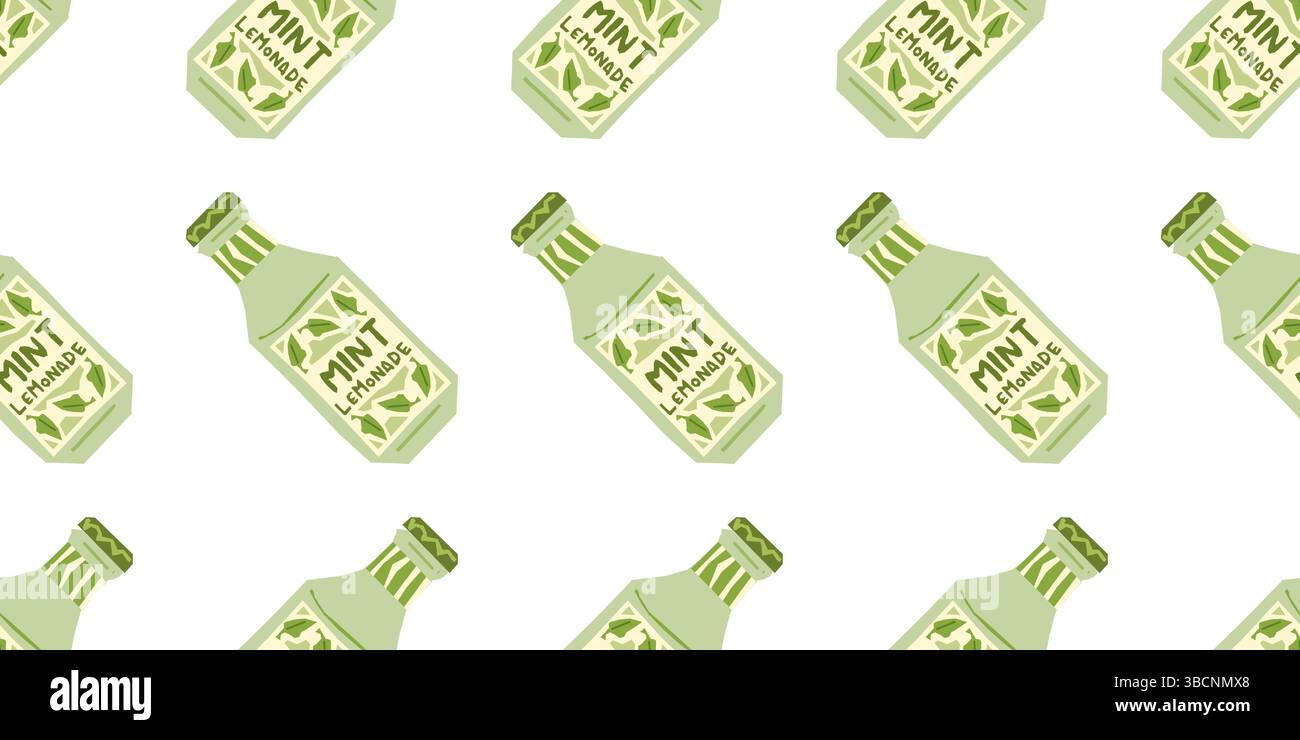 Seamless pattern of illustrated green mint lemonade bottles with decorative leaf elements on a white background. Stock Vector