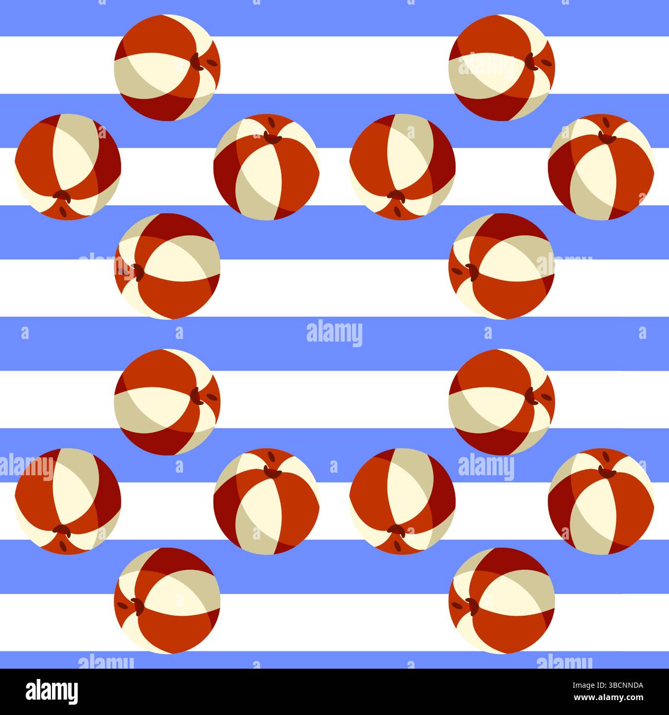 Striped seamless background featuring red and cream beach balls on alternating white and blue horizontal lines. Stock Vector