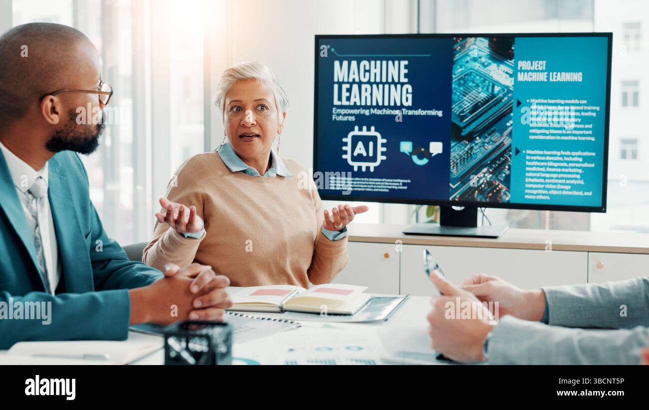 Machine learning, business people and development for ai, teamwork and cyber security with software update. Group, employees or tech expert in office Stock Photo