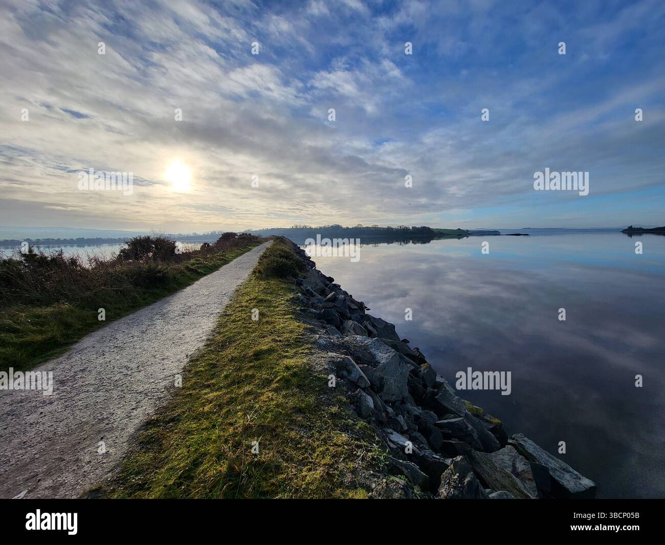 Sunset Serenity Over the Causeway at Inch Wildfowl Reserve, Lough Swilly, County Donegal - Smartphone Captured Stock Image