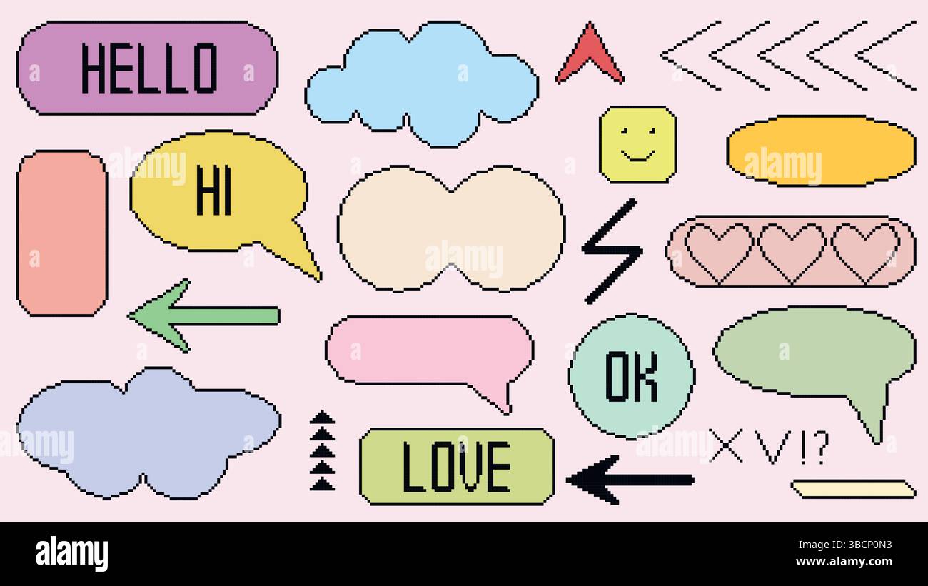 Speak bubble pixel art set. Frame, cloud, circle, rectangle, arrow, words clip art. Vector elements retro style Stock Vector