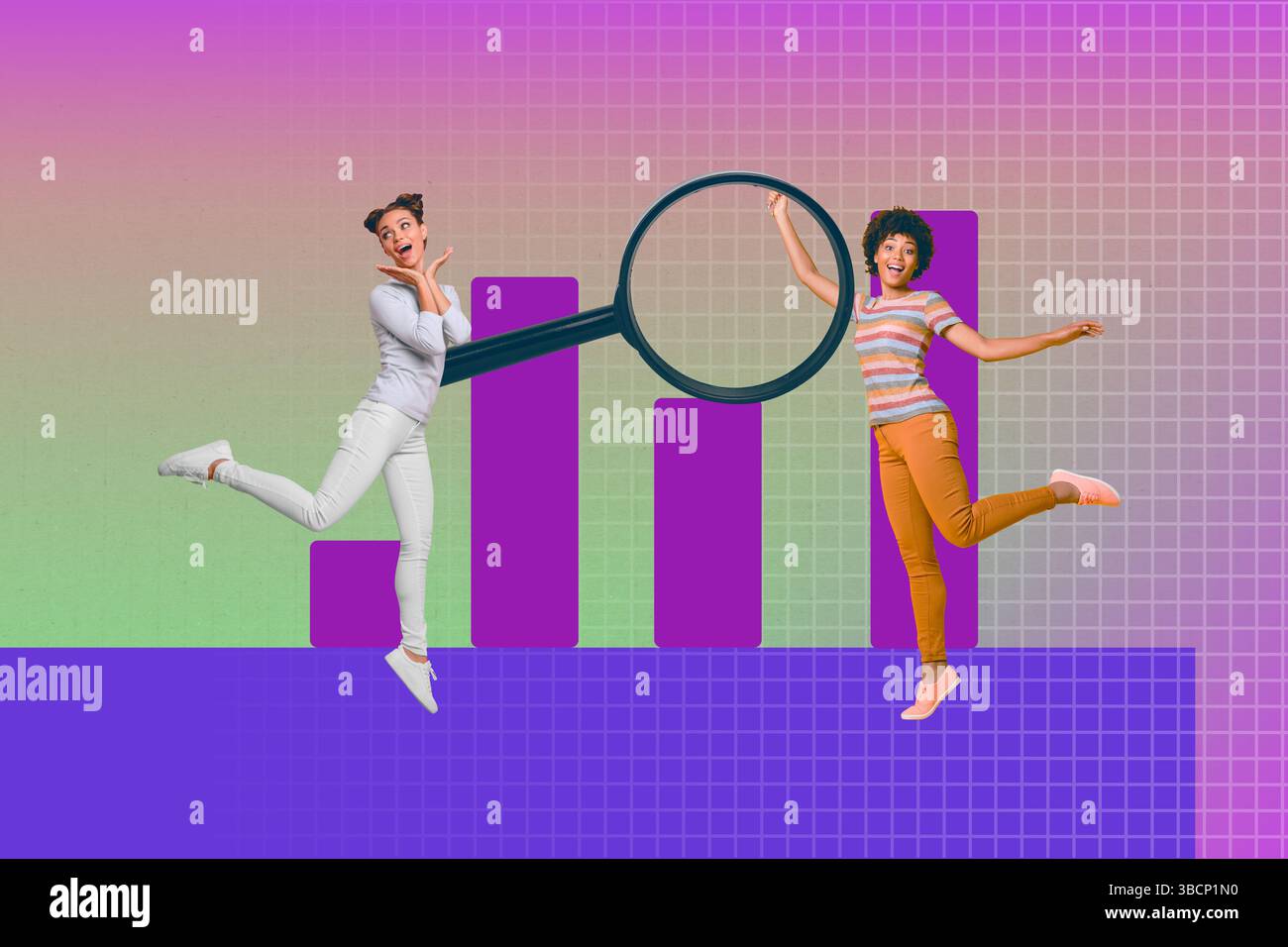 Collage of happy people jumping dancing near rising graph representing ...