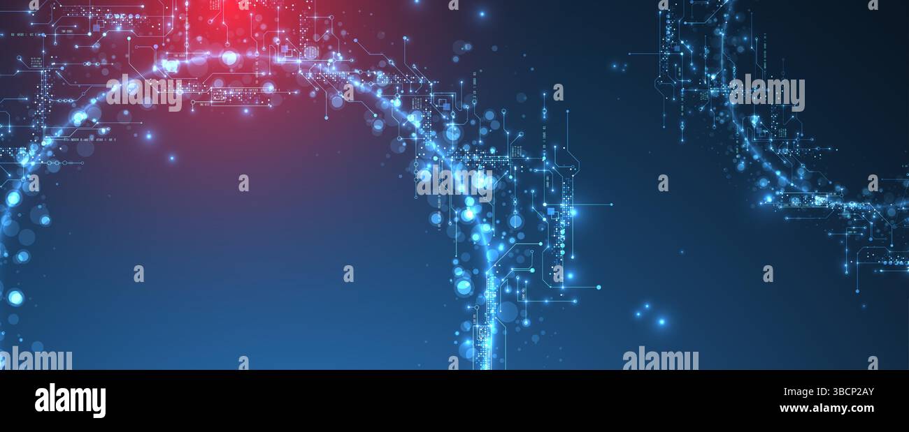 Digital circuit visualization vector background.  Neon glowing board pattern with interconnected lines, nodes, and binary code. Stock Vector