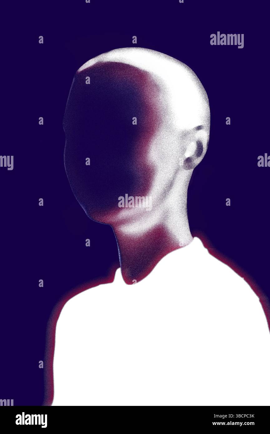 Conceptual portrait. Faceless figure with glowing white head and ...