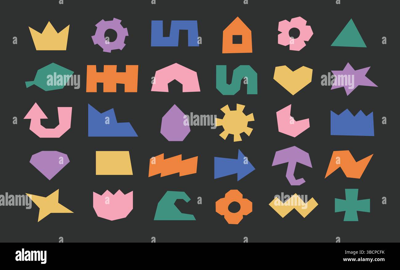 Various colorful abstract flat y2k geometric shapes. Groovy funky angular vector cloud, arrow, star, crown. Stock Vector