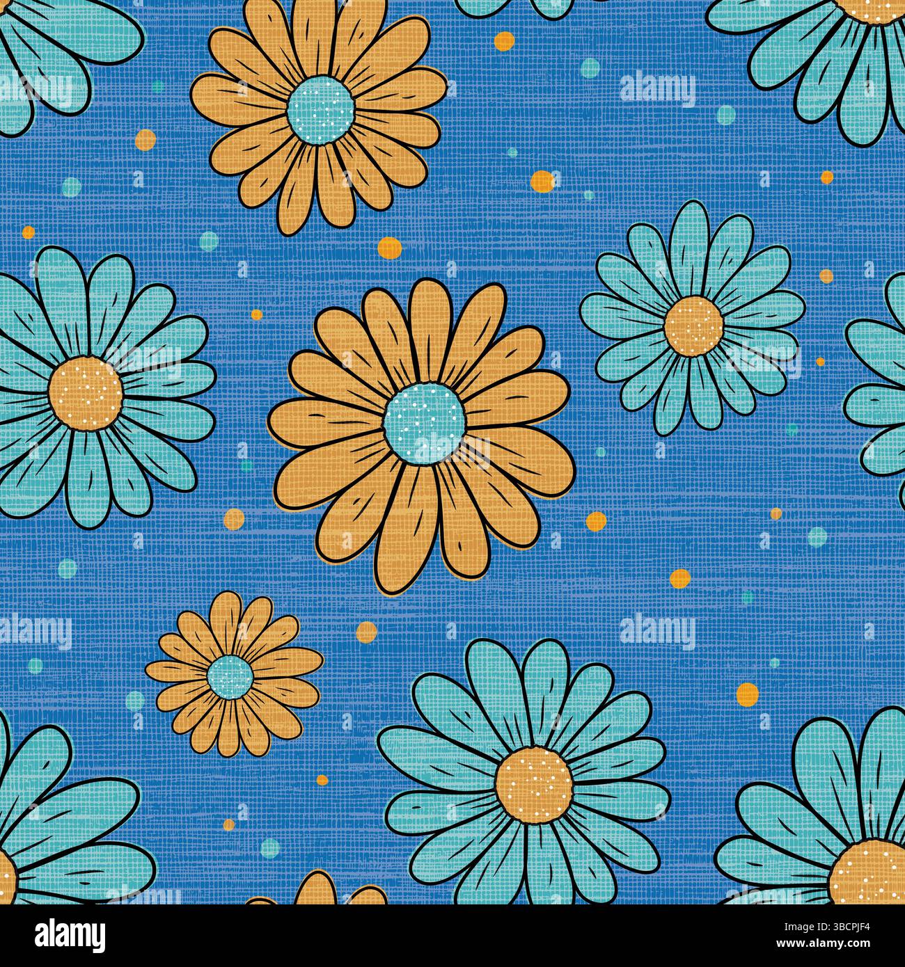 Retro Blue and Mustard Daisy Flowers on Linen Texture Stock Vector