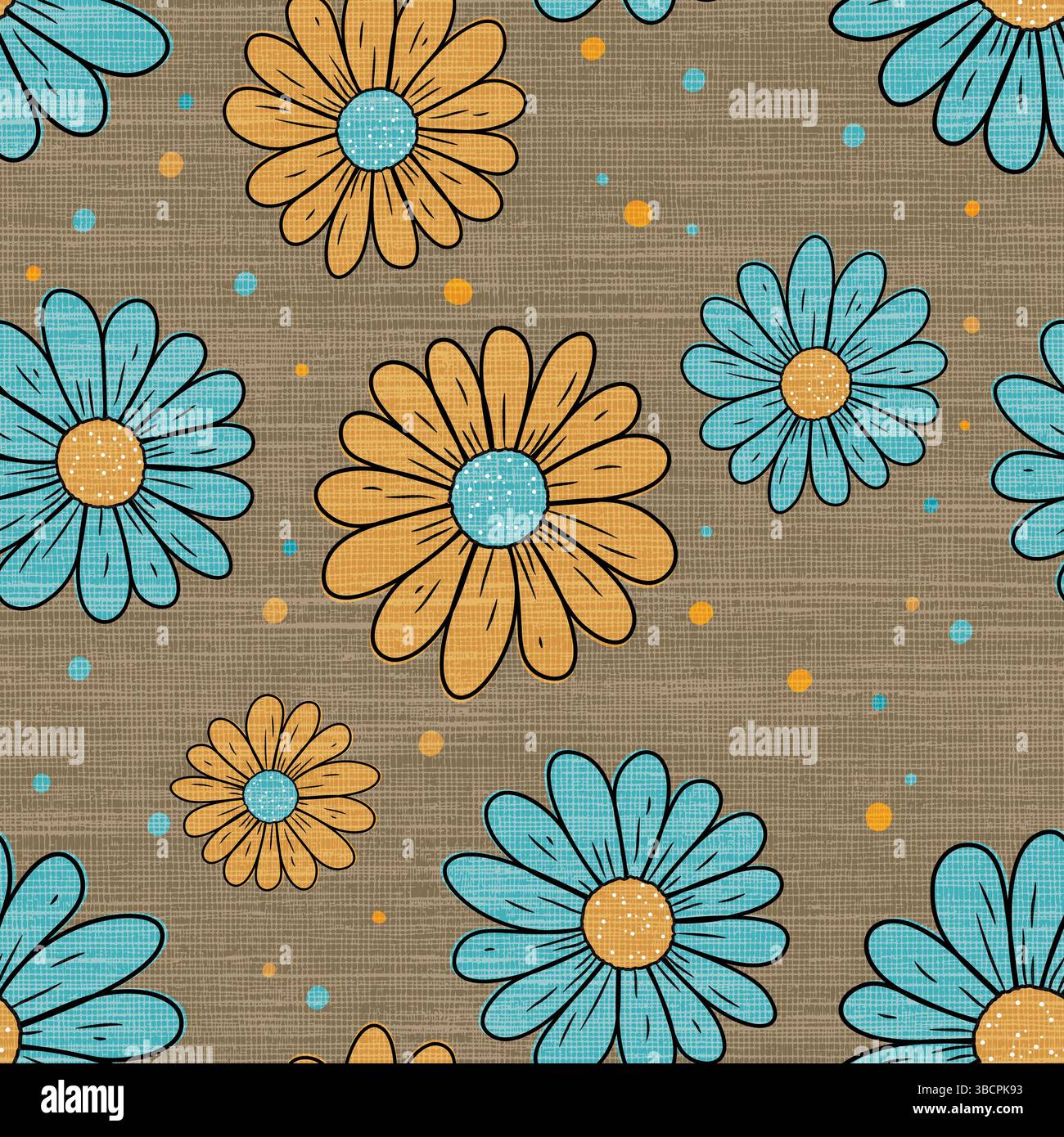 Retro Blue and Mustard Daisy Flowers on Linen Texture Stock Vector