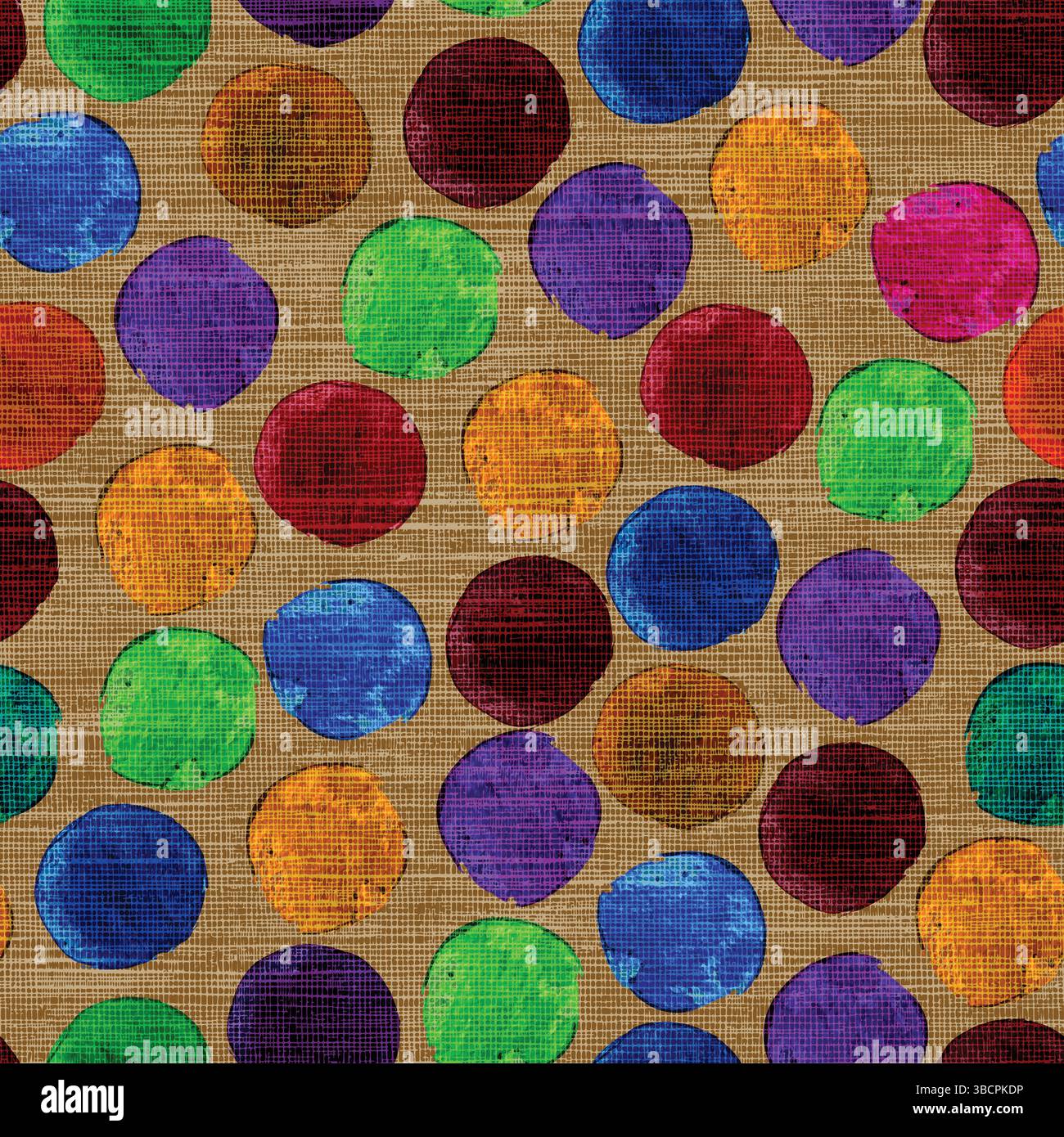 Seamless colorful watercolor polka dot pattern on  linen textured background Stock Vector