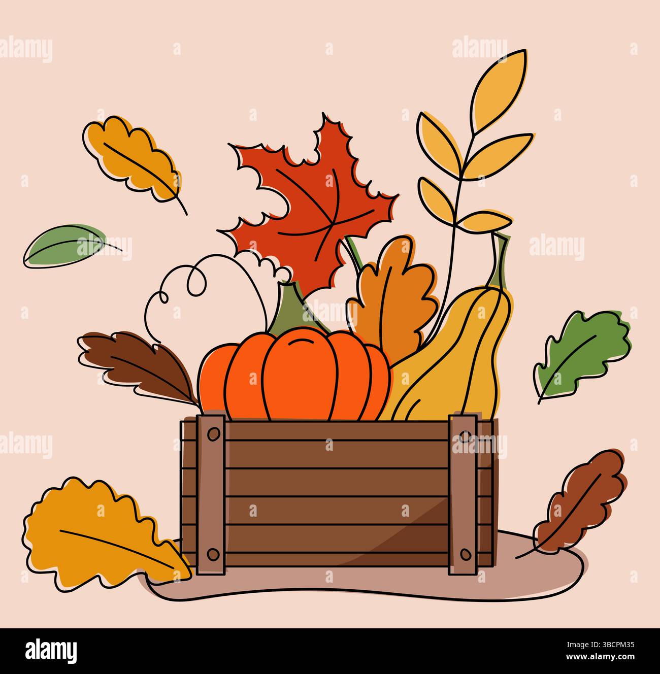Box With Pumpkins And Autumn Leaves Vector Illustration In Cartoon ...