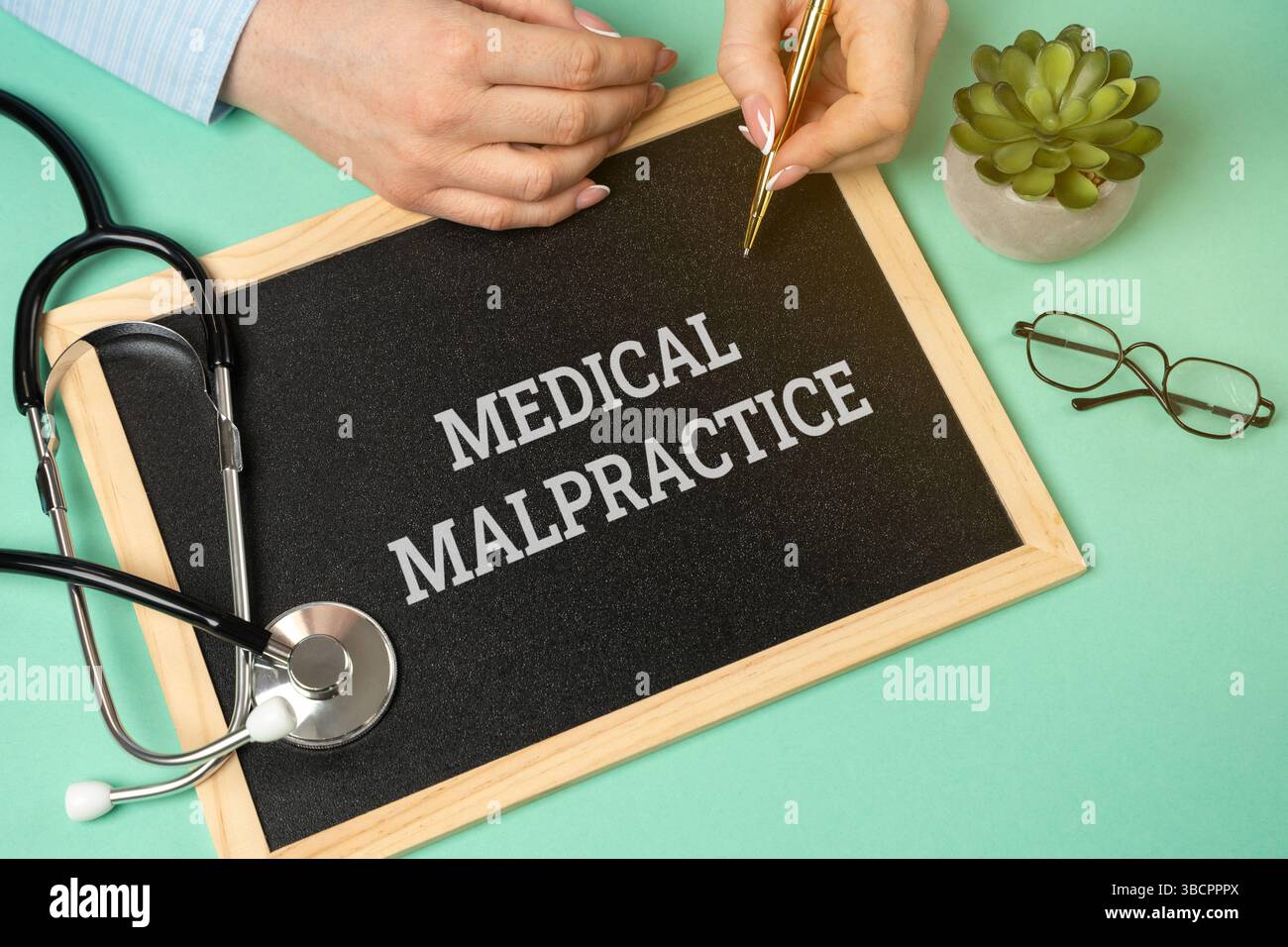 Medical malpractice concept. Healthcare provider's negligence or failure to meet standards causes harm or injury to a patient, leading to legal action Stock Photo