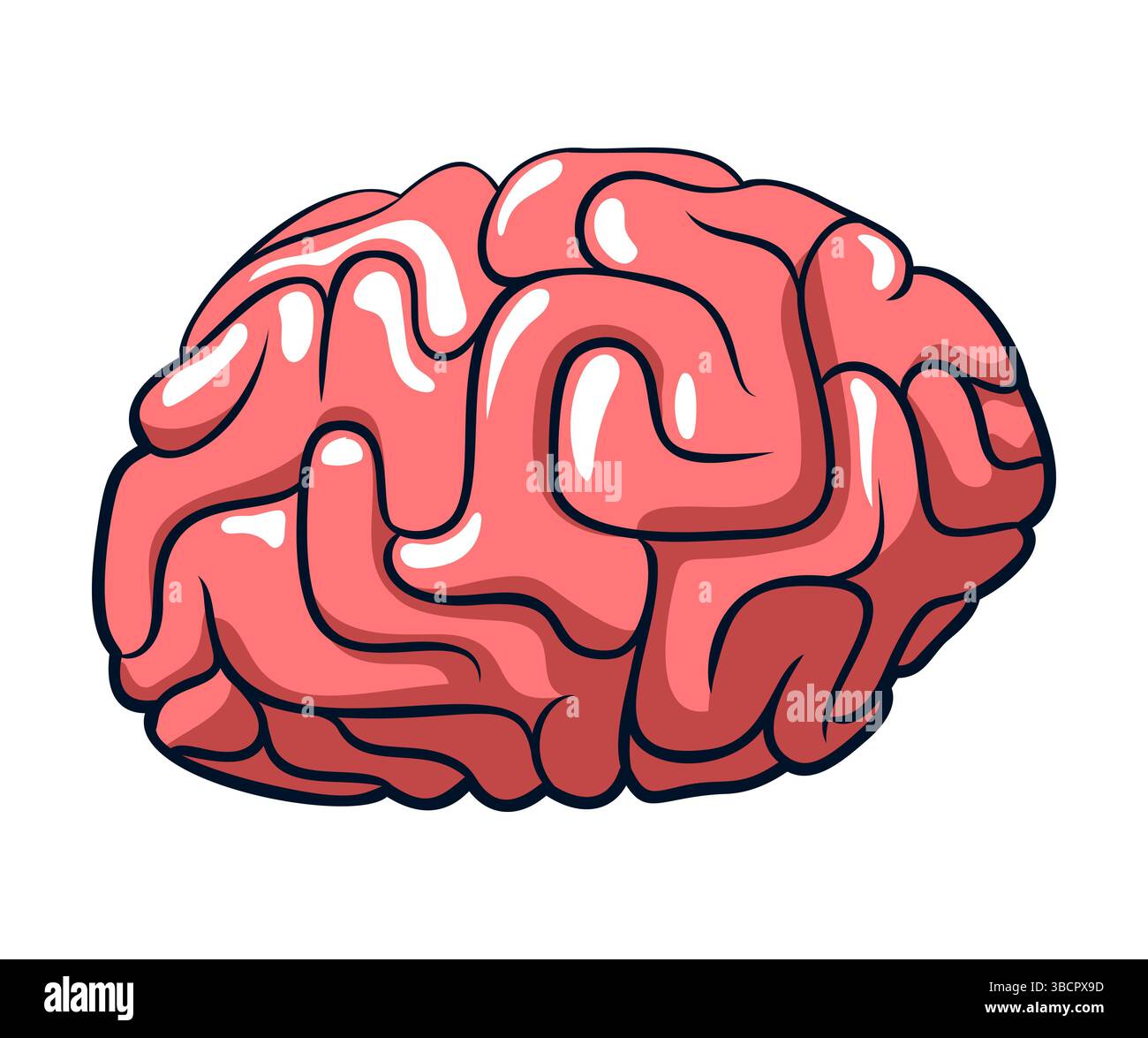 Brain Image Rounded Pink cartoon brain with rounded folds, isolated on white background ...