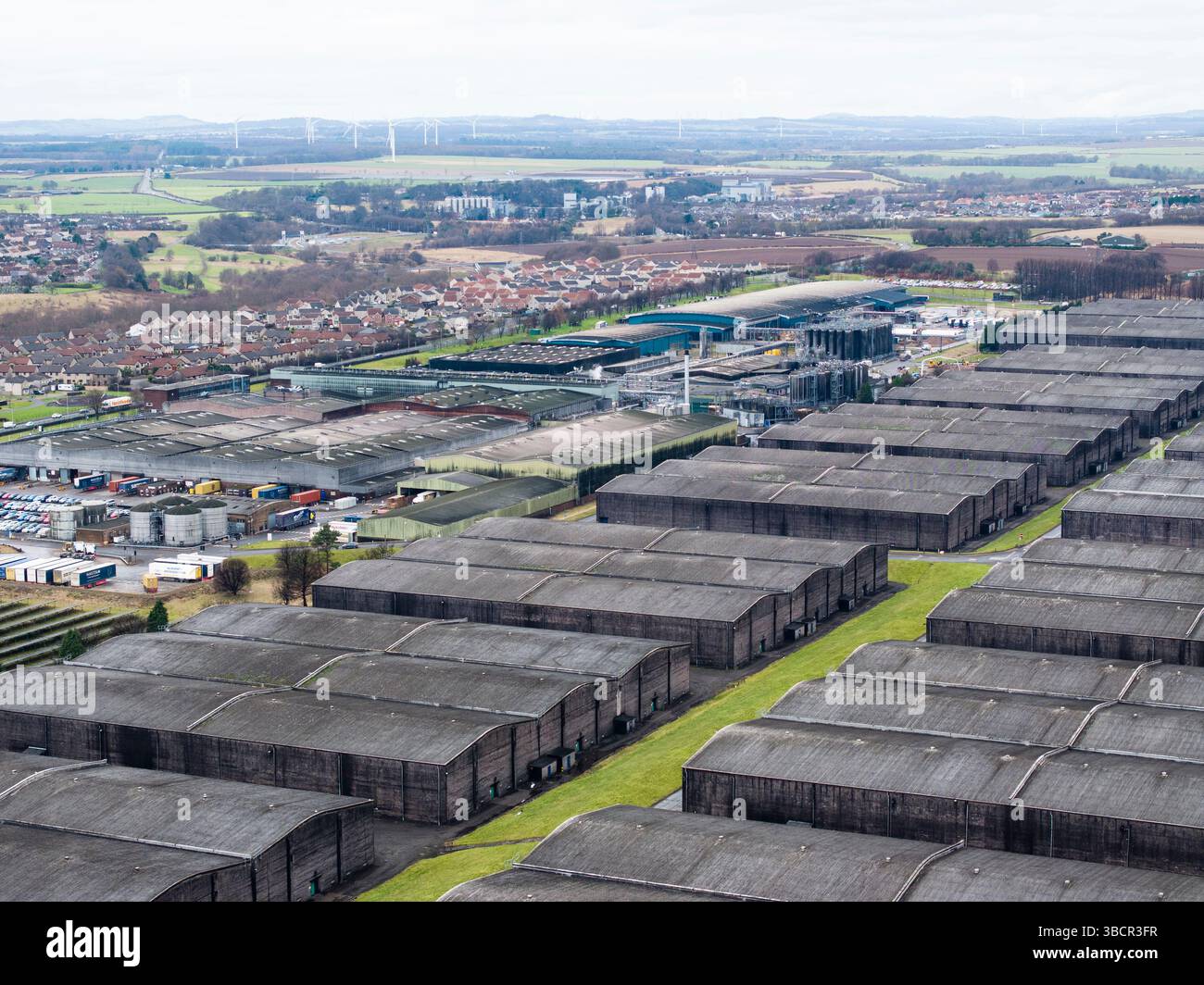 Aerial drone view of Diageo Leven Distillery and bottling plant Laven Fife Stock Photo