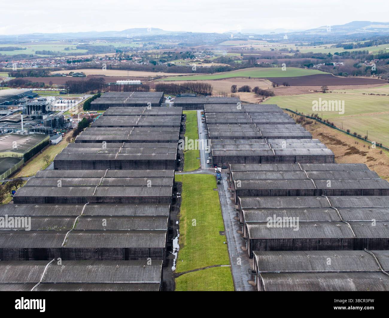 Aerial drone view of Diageo Leven Distillery and bottling plant Laven Fife Stock Photo