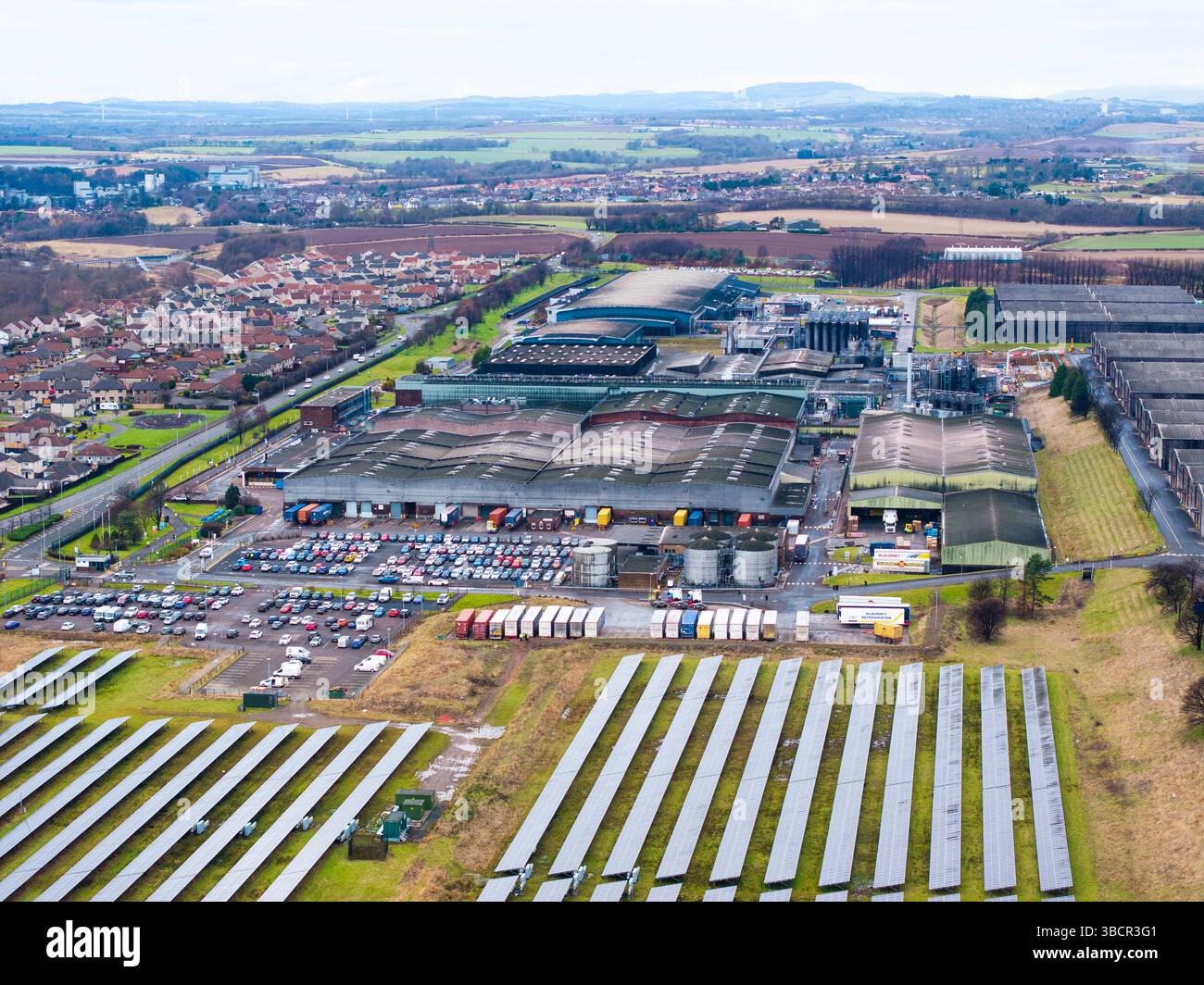 Aerial drone view of Diageo Leven Distillery and bottling plant Laven Fife Stock Photo