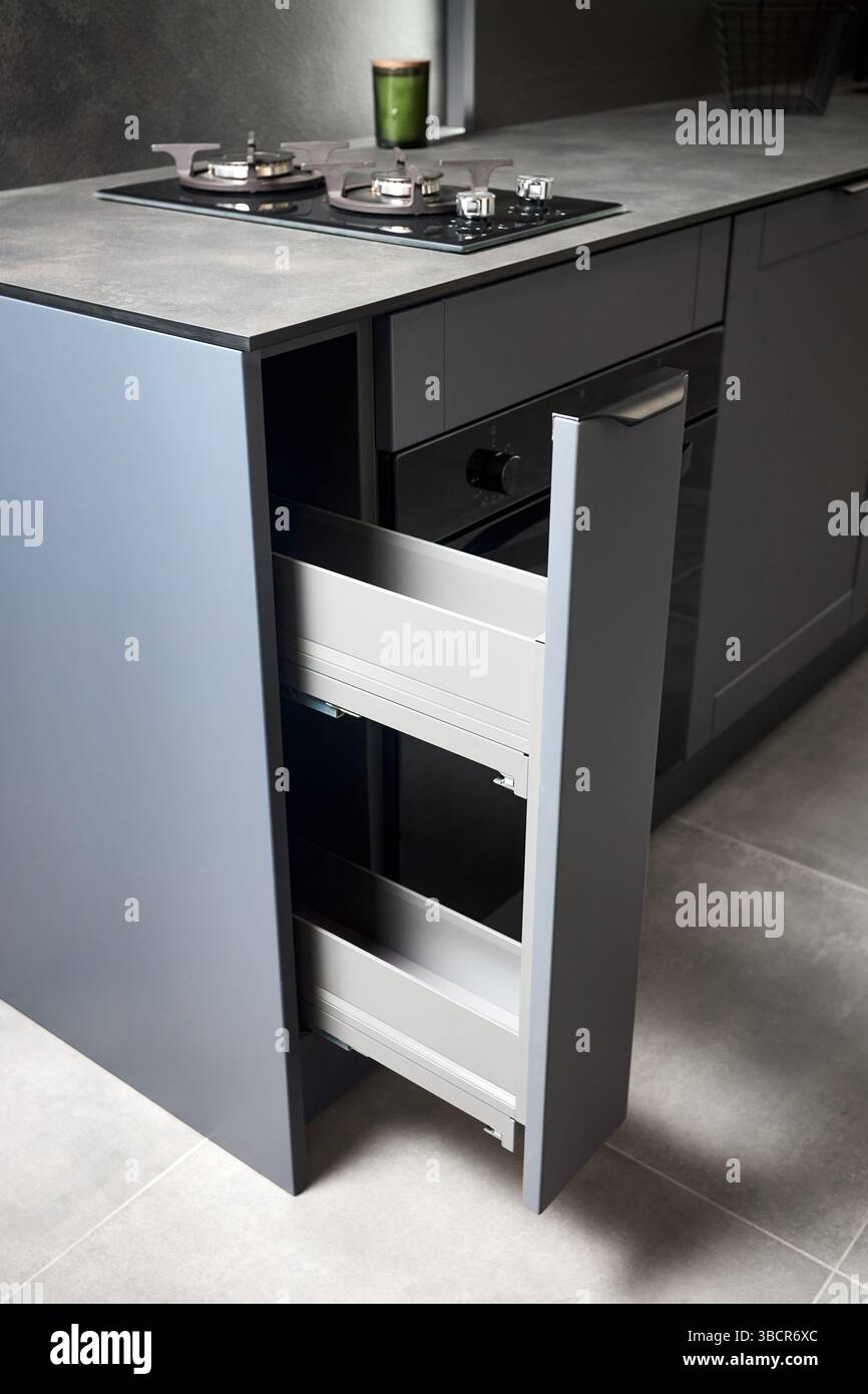 Vertical pull out rack cabinet drawer. Flush up slip handle finger pull ...